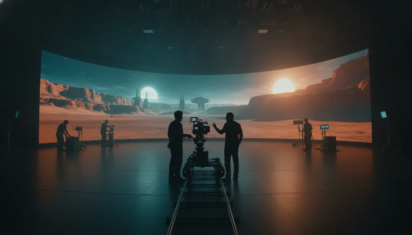 Film crew shooting in front of a curved LED volume wall on a virtual production stage