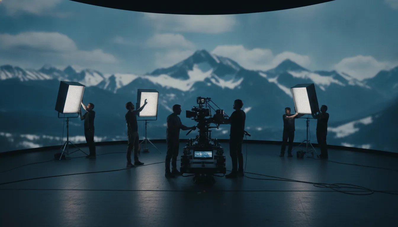 Cinematographer and crew working in front of a curved LED volume for virtual production