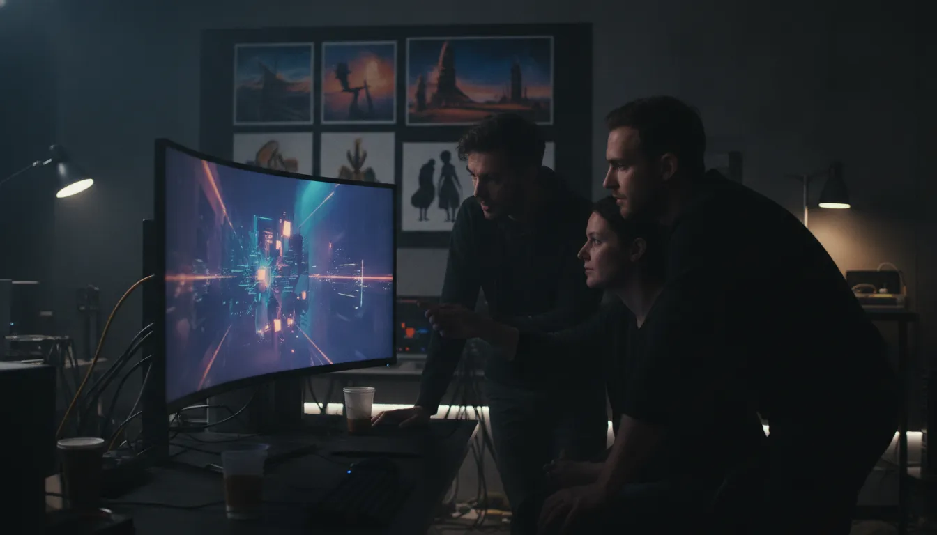 Virtual Art Department artists reviewing a real-time cinematic environment during preproduction