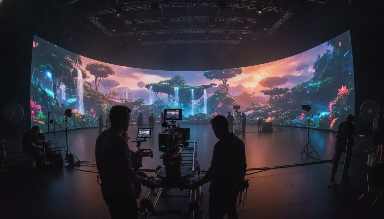 Film crew working inside a virtual production LED volume stage with digital environments displayed on curved LED walls