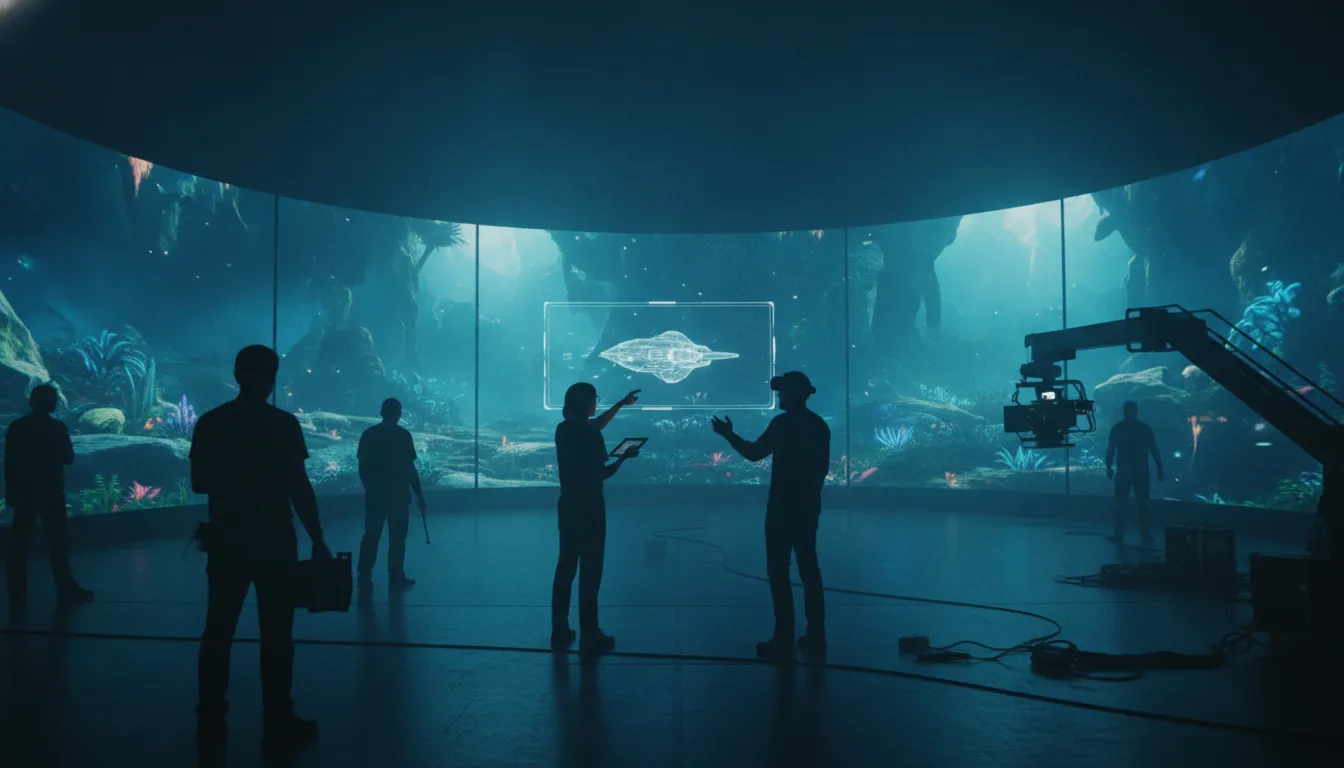 Cinematographer and director reviewing a virtual scene inside an LED volume stage with digital environments on curved LED walls