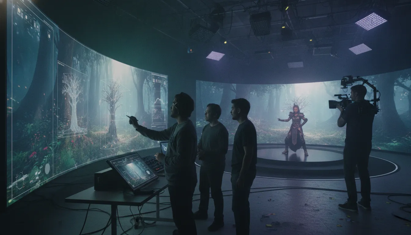 Creative team collaborating around a real-time render monitor during a virtual production shoot