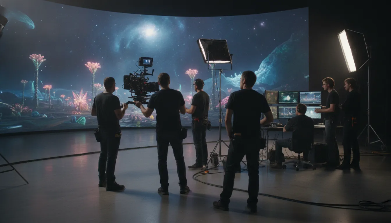 Film crew working on a cinematic camera rig inside a large LED volume virtual production studio
