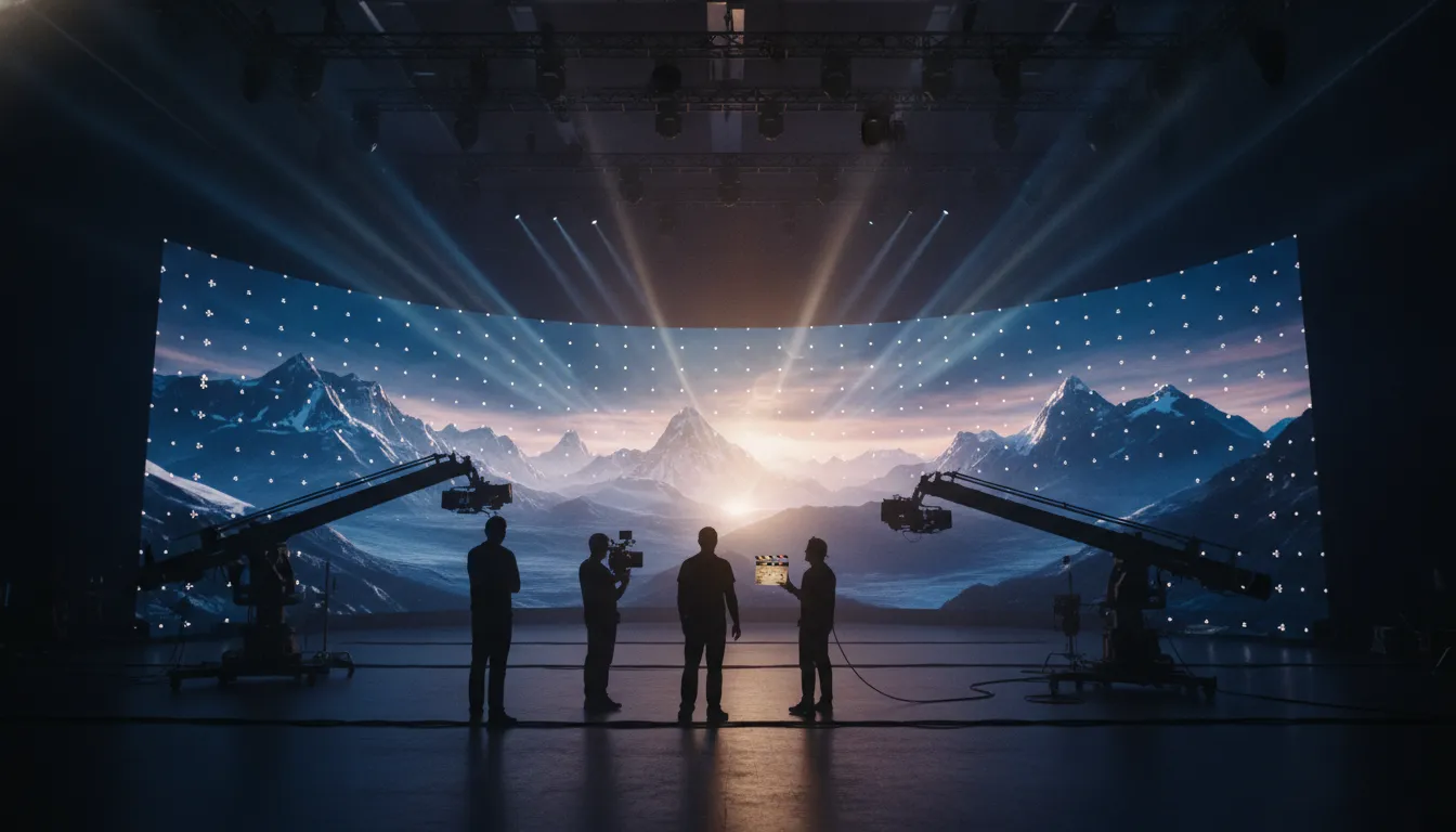 A cinematic LED volume stage with a camera crew silhouetted before a massive curved digital backdrop
