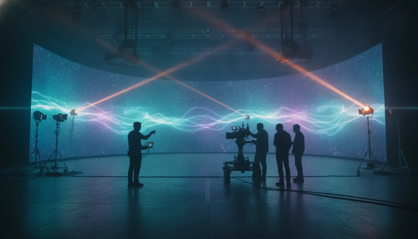 Camera crew and director on an LED volume stage before a curved digital backdrop