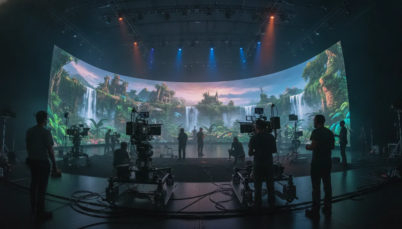 Film crew on a virtual production stage with a curved LED volume wall displaying a real-time digital environment