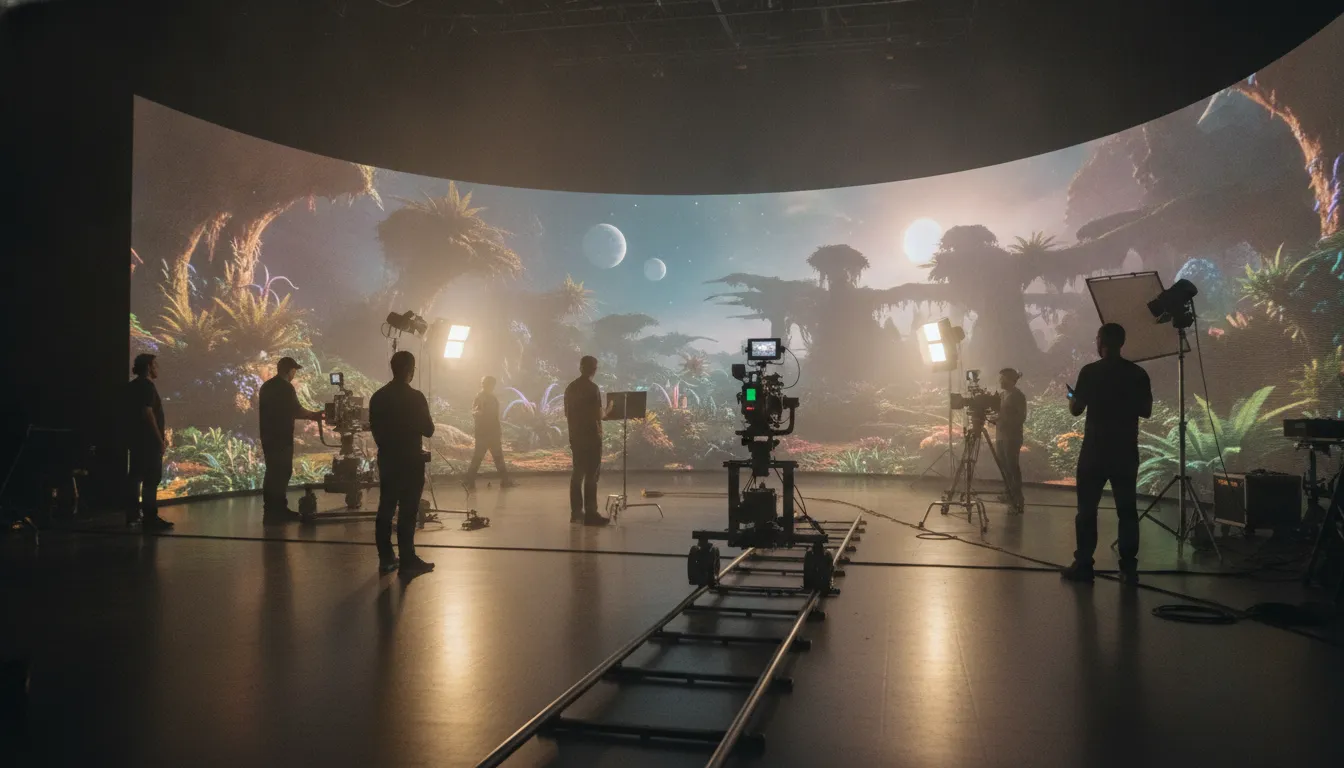 Film crew working on a virtual production stage inside a soundstage with a curved LED volume wall