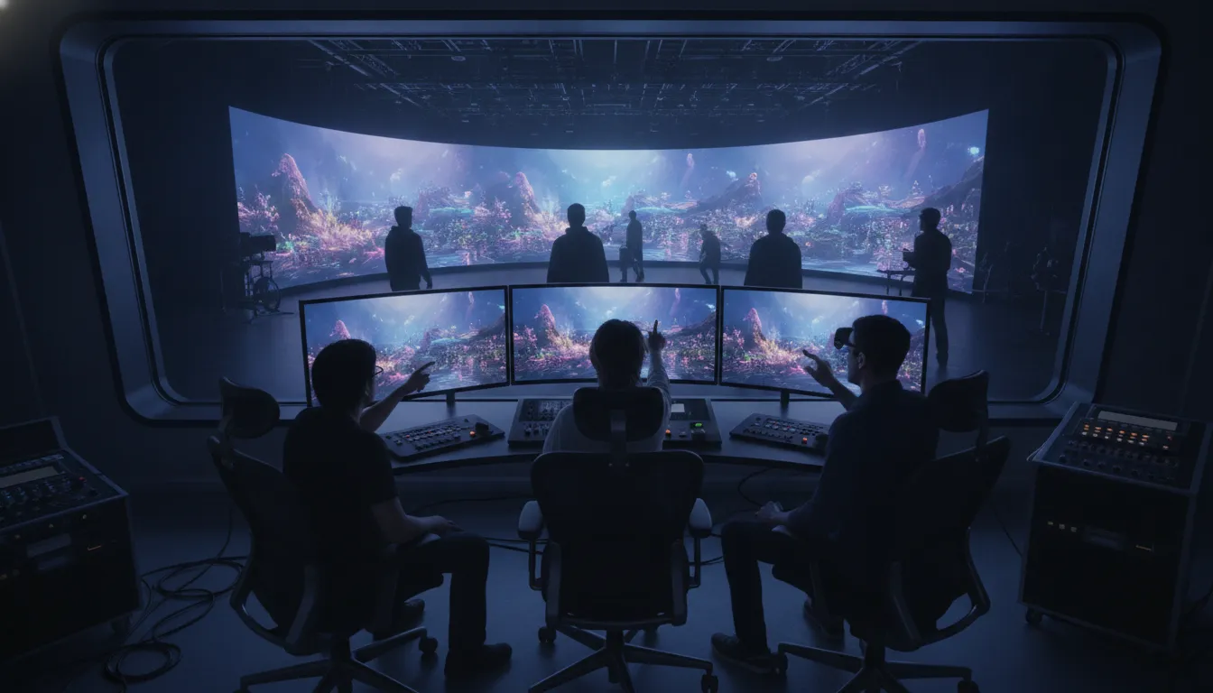 Virtual art department artists reviewing a real-time 3D environment on monitors inside a virtual production control room