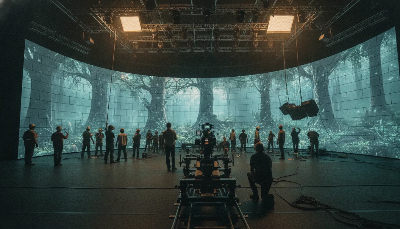 Crew calibrating a camera tracking rig in front of a curved LED volume wall on a virtual production stage