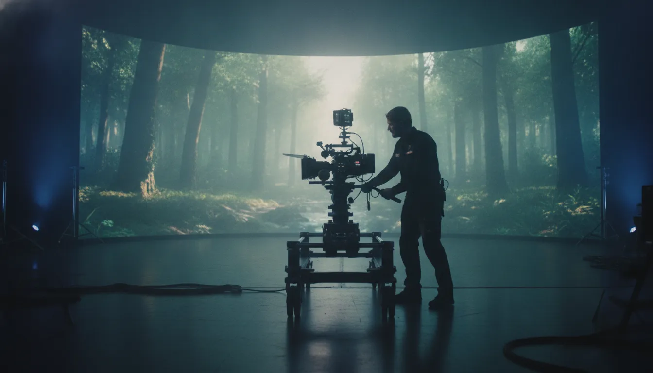 Cinematographer operating a large camera rig in a dark soundstage facing a curved LED wall glowing with a photoreal forest backdrop