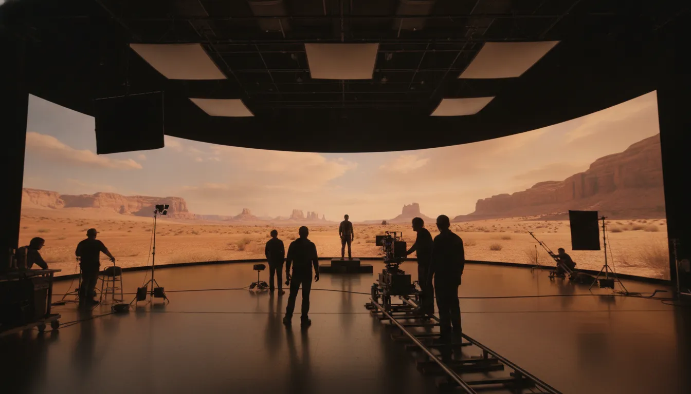 A film crew working in front of a large curved LED volume displaying a photorealistic environment on a virtual production soundstage