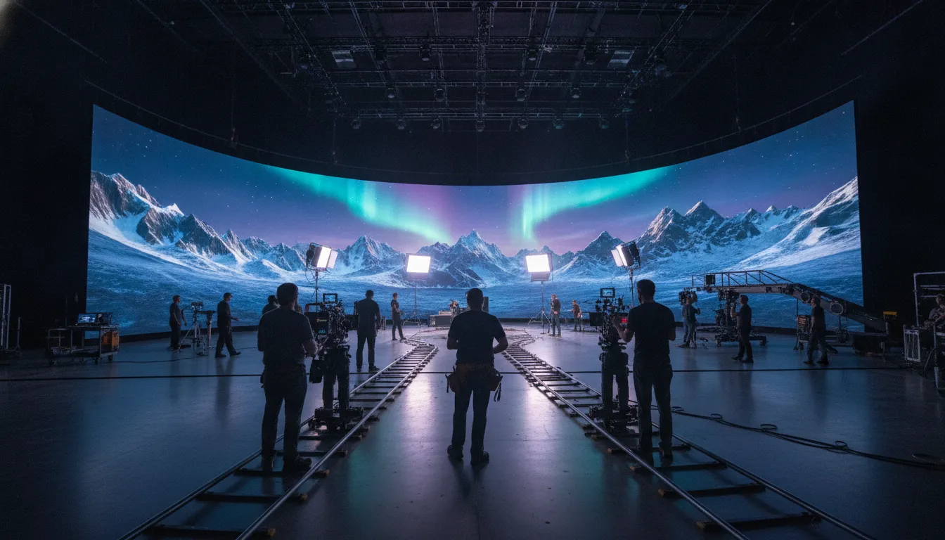 Film crew working on an LED virtual production stage where a photorealistic digital environment is displayed on the wall