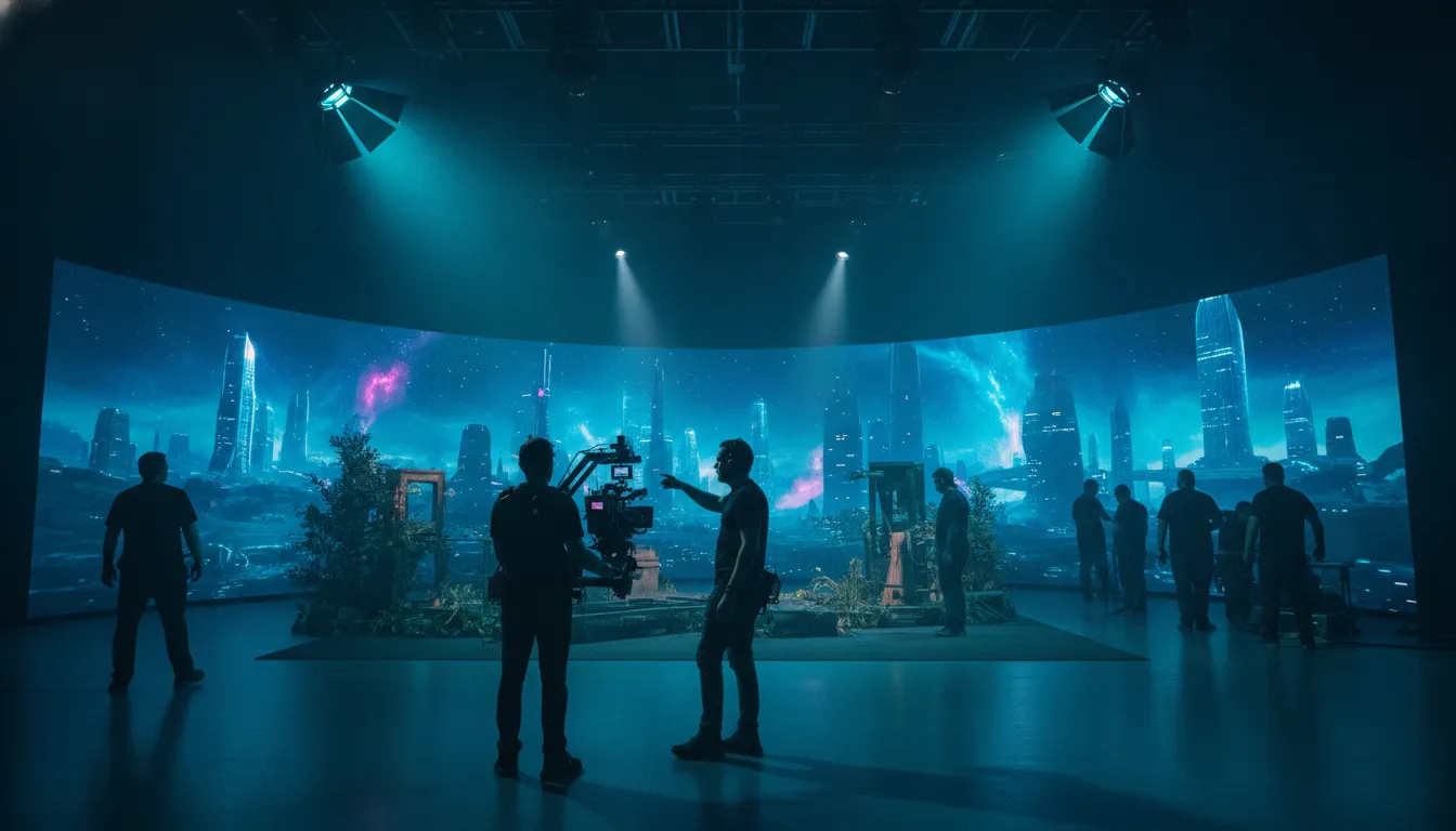 Camera crew and director working inside a real-time LED volume virtual production stage
