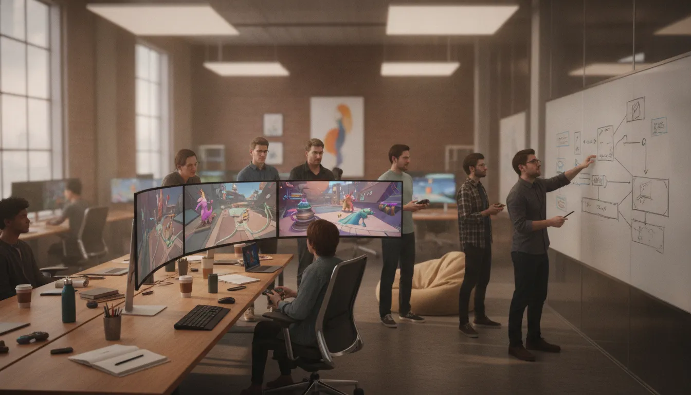 Game development team collaborating on a build in a modern studio