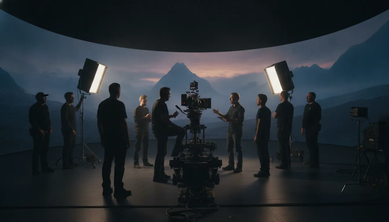 Television camera crew working on an LED virtual production stage