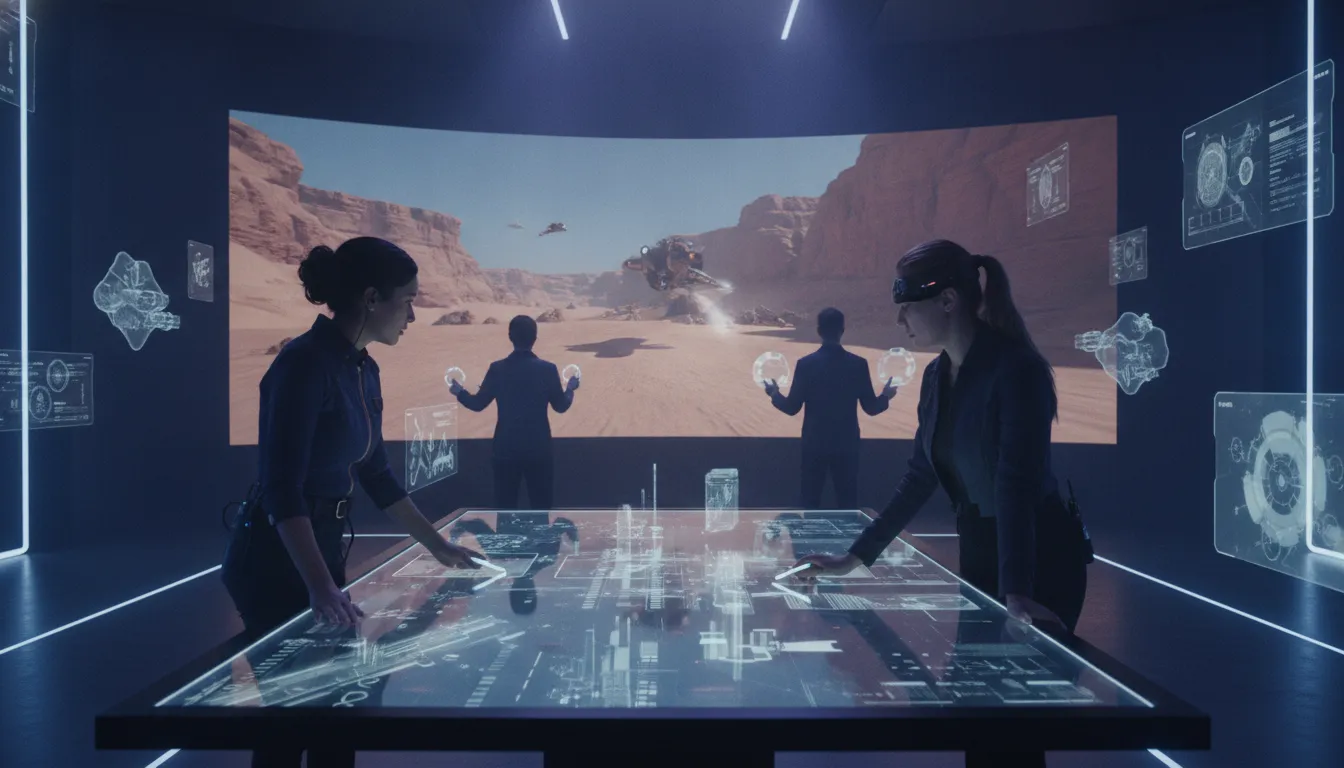 Film and game production team reviewing a previsualization scene in a studio