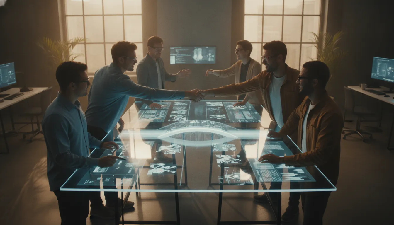 Two game development teams collaborating as equal partners across a modern studio