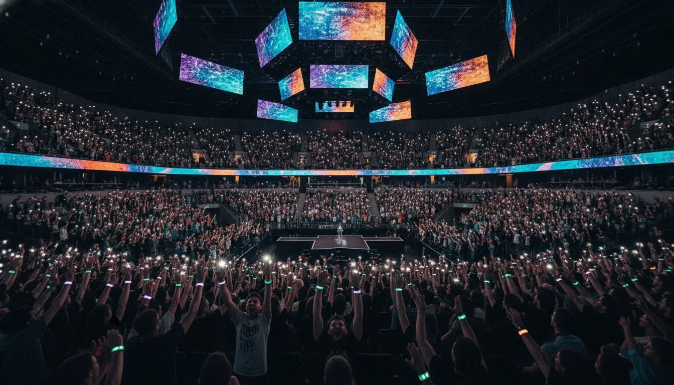 A diverse crowd of fans at an immersive transmedia entertainment event with screens and wearable lights