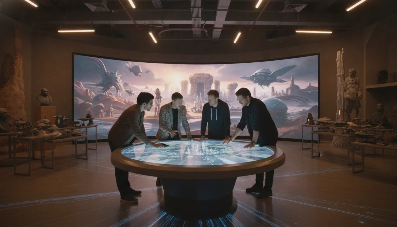 Creative team collaborating on a transmedia story world strategy in a production studio