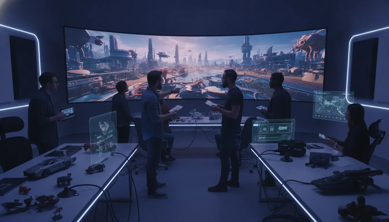Creative studio team reviewing a real-time game world on a large LED screen in a virtual production studio