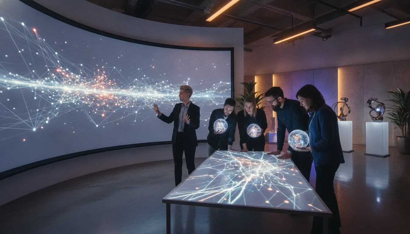 Creative brand and IP strategists collaborating in a modern studio on an immersive entertainment experience
