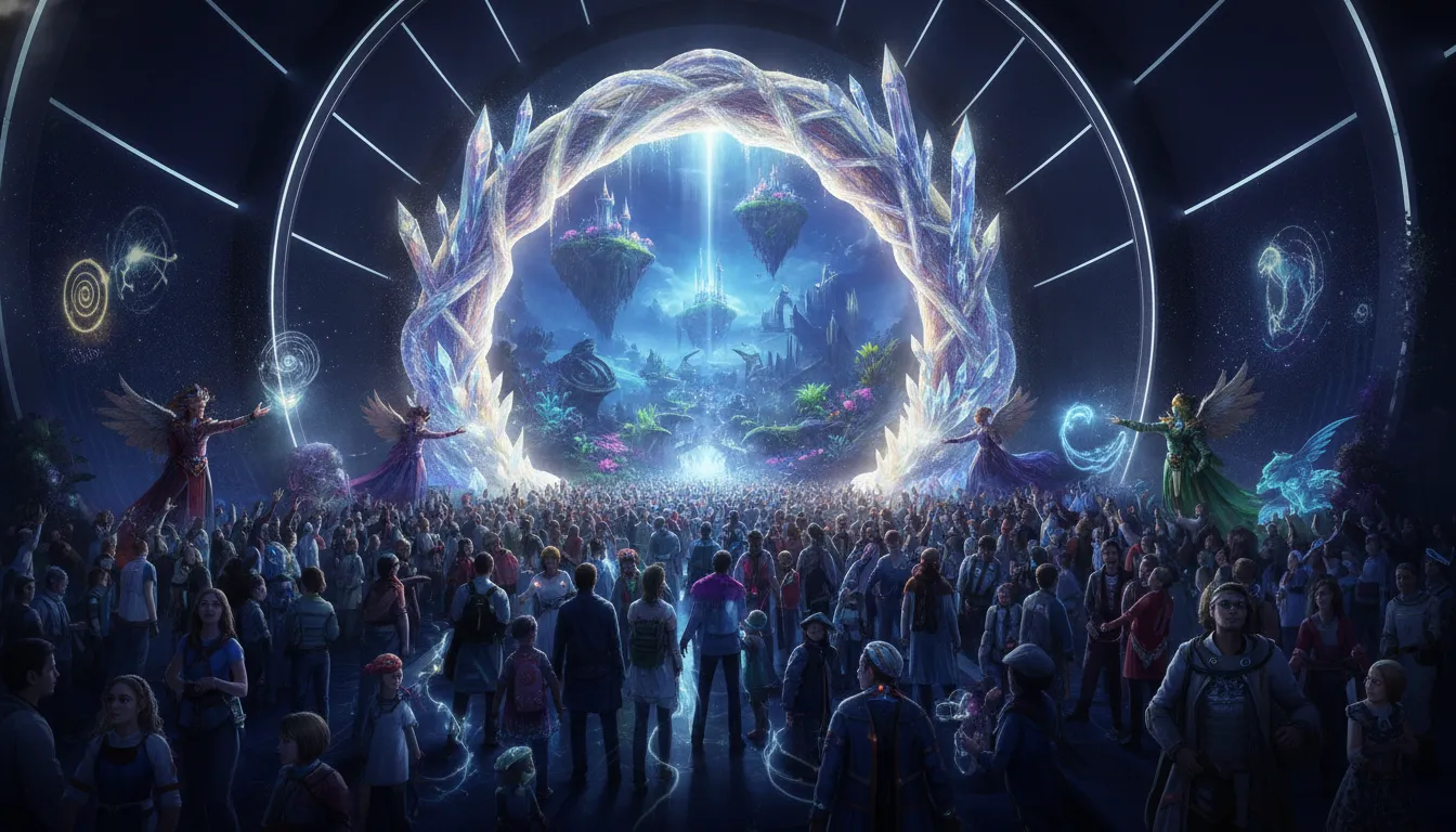 Audience moving through an immersive entertainment installation in a luminous portal world