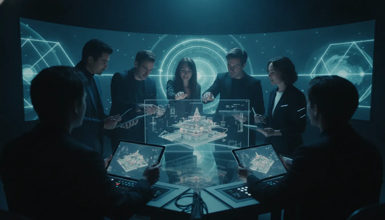 Design team collaborating around an immersive virtual production volume in a moody studio
