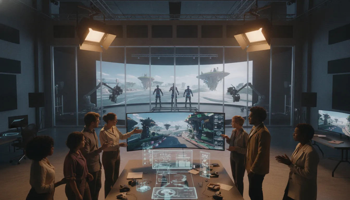 Creative producers and game designers collaborating in a modern studio with virtual production screens on display