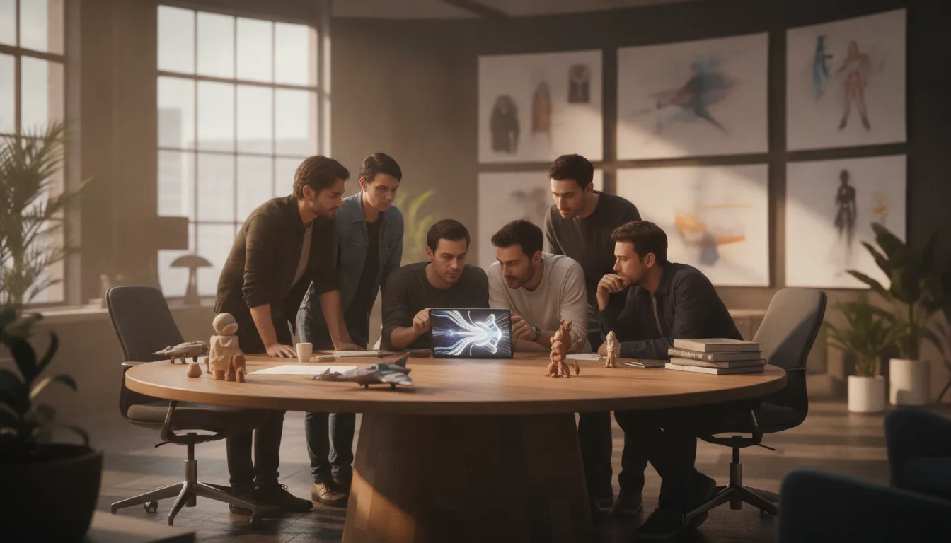 Producers and designers planning an interactive entertainment franchise across film and games in a creative studio