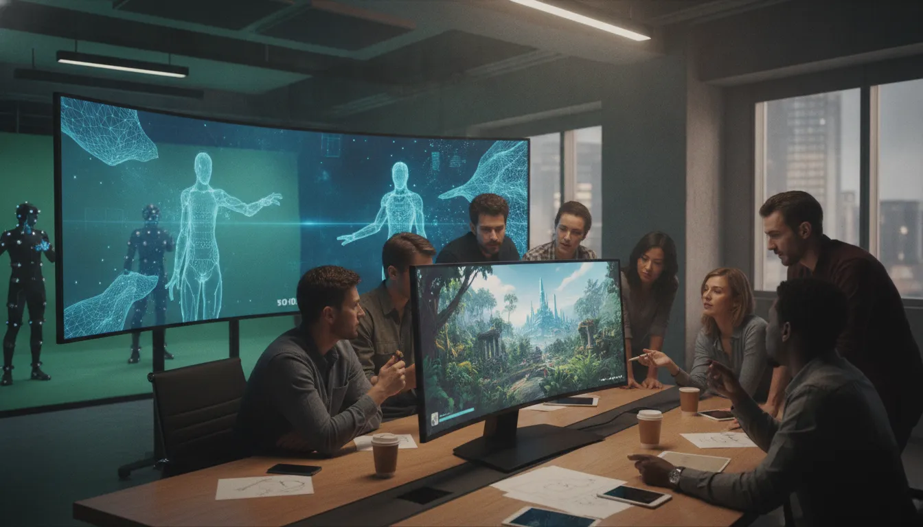 Game developers and cinematic storytellers reviewing a connected interactive entertainment world on a large studio monitor