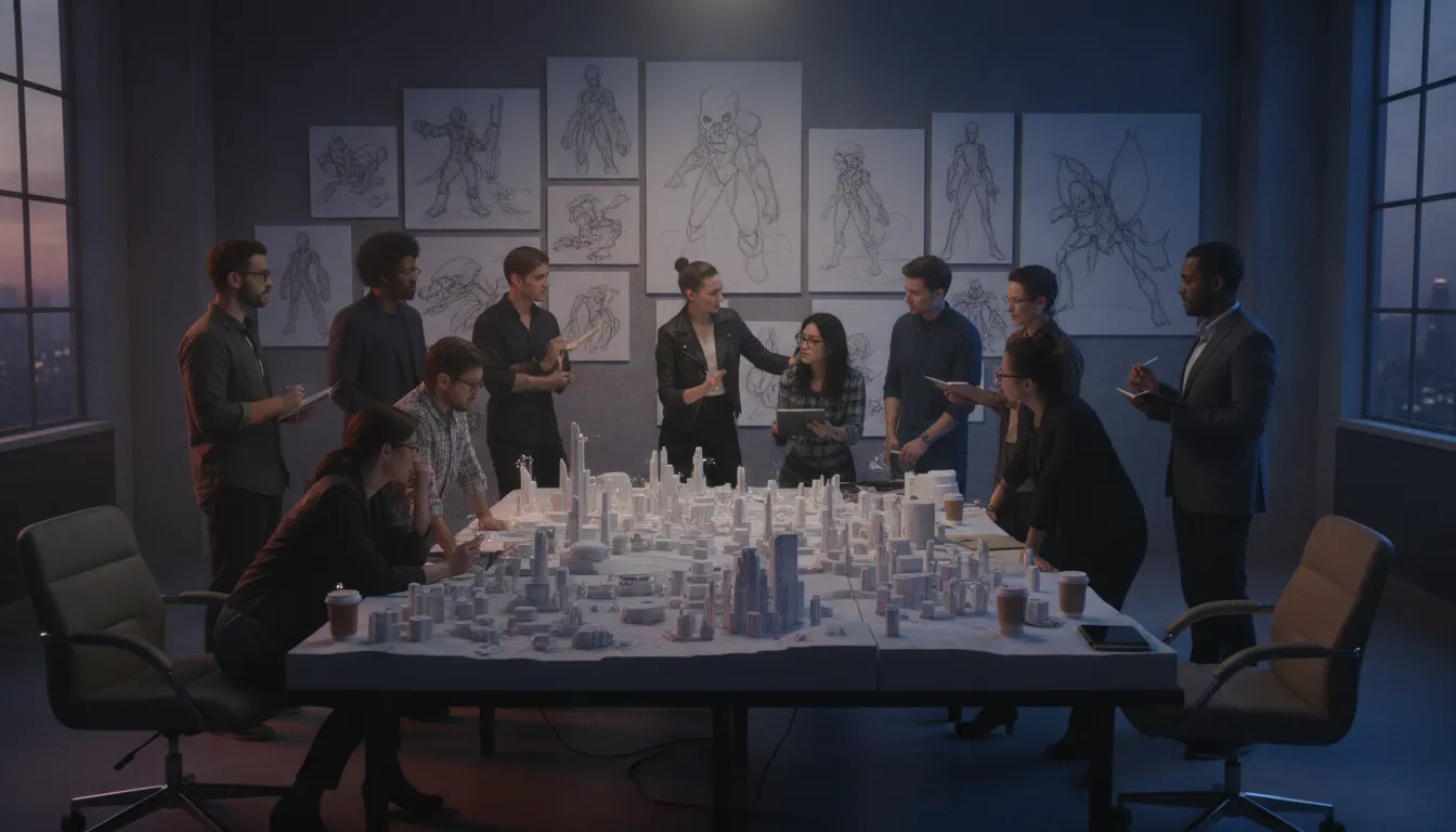 Game studio staff augmentation team planning an interconnected entertainment world