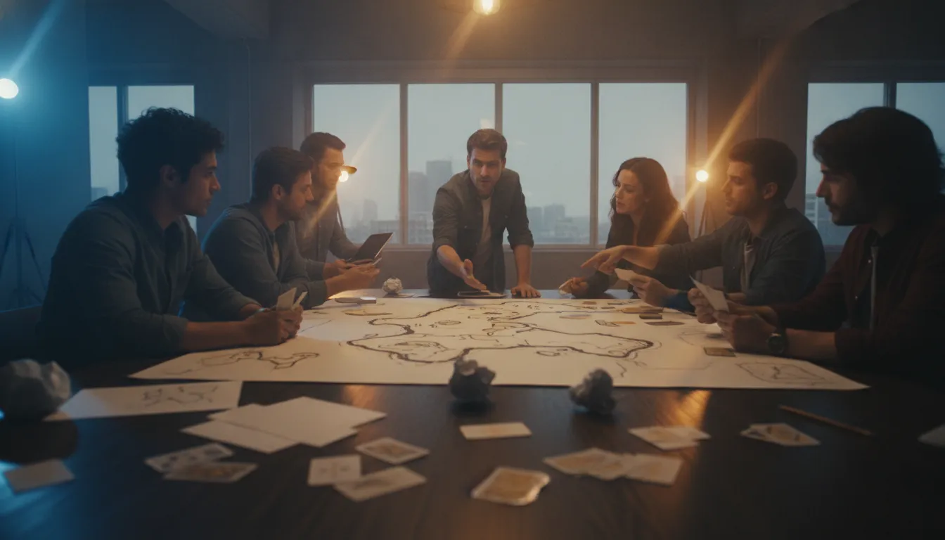 Game development studio team mapping an IP world and player experience
