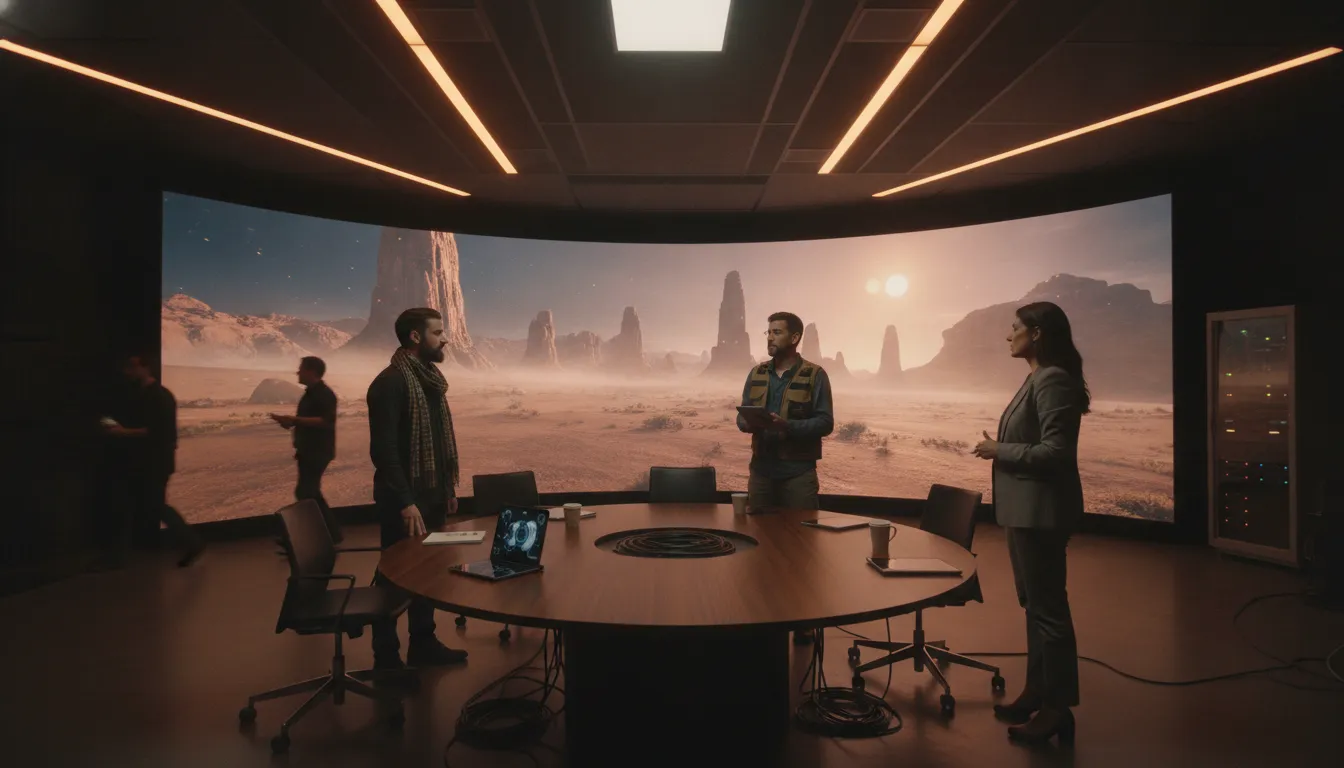 Film and television executives reviewing a cinematic virtual production environment
