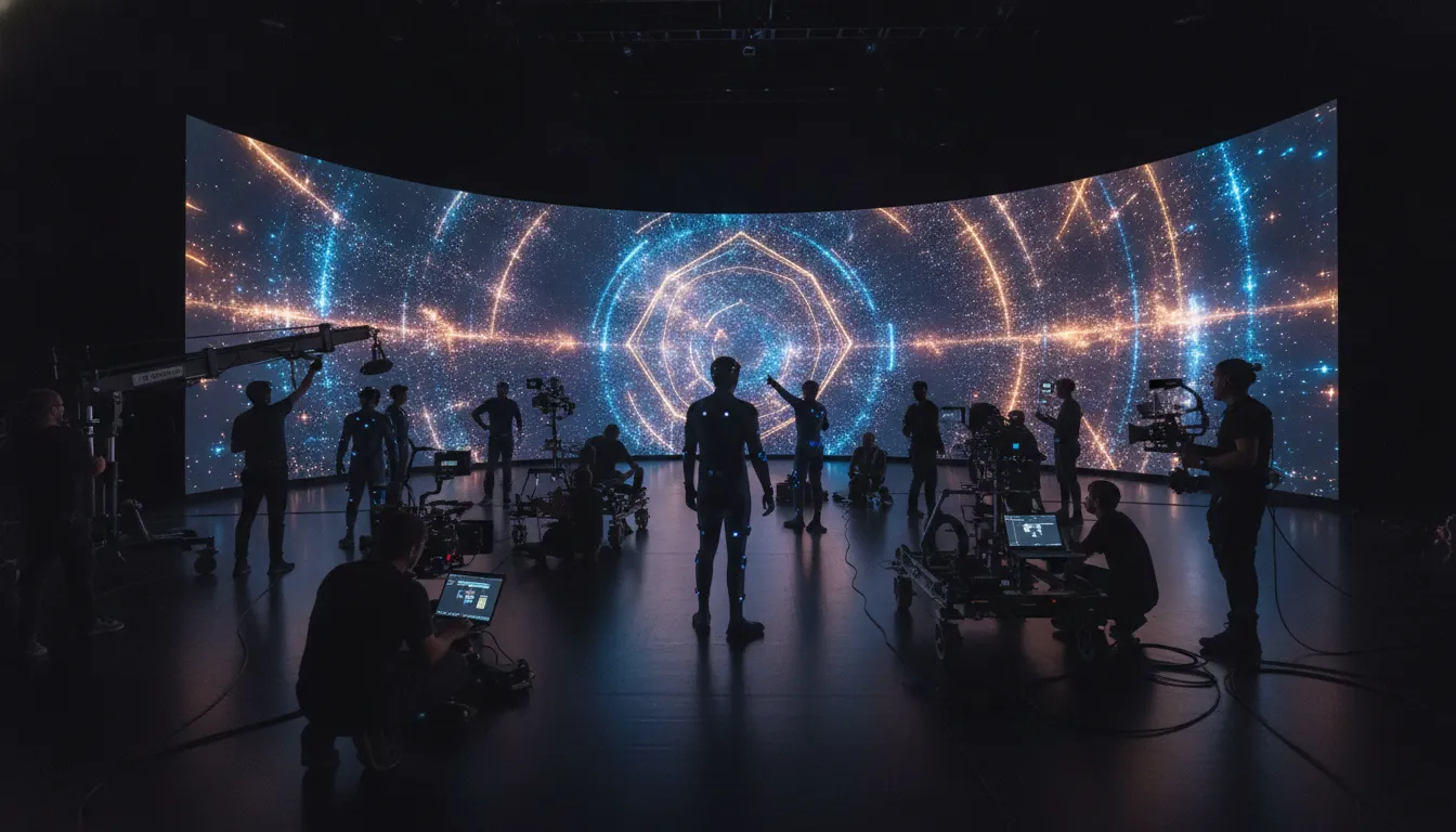 Film and television crew preparing a cinematic virtual production set