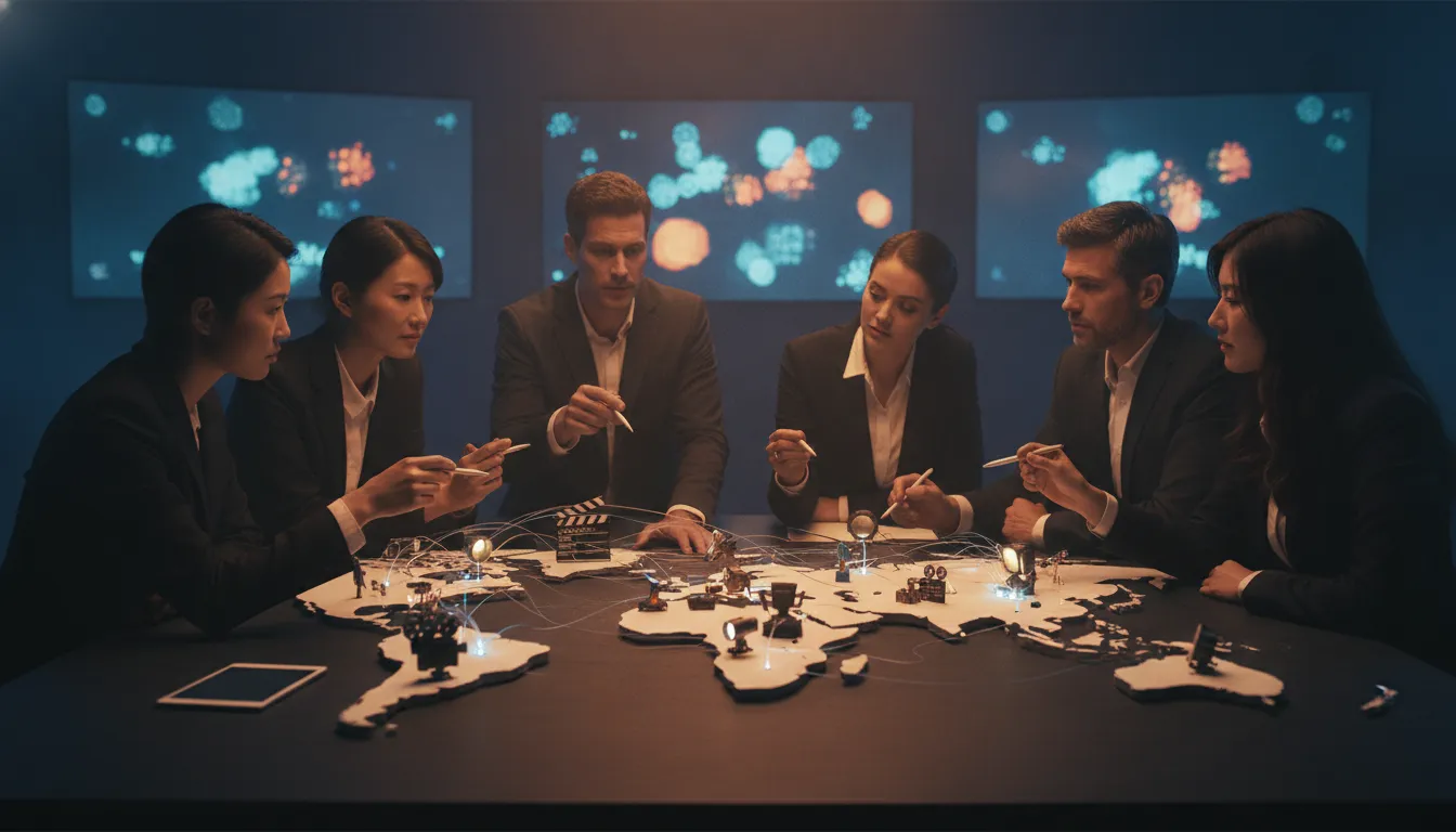 Cross-platform audience engagement metrics dashboard viewed by an entertainment strategy team