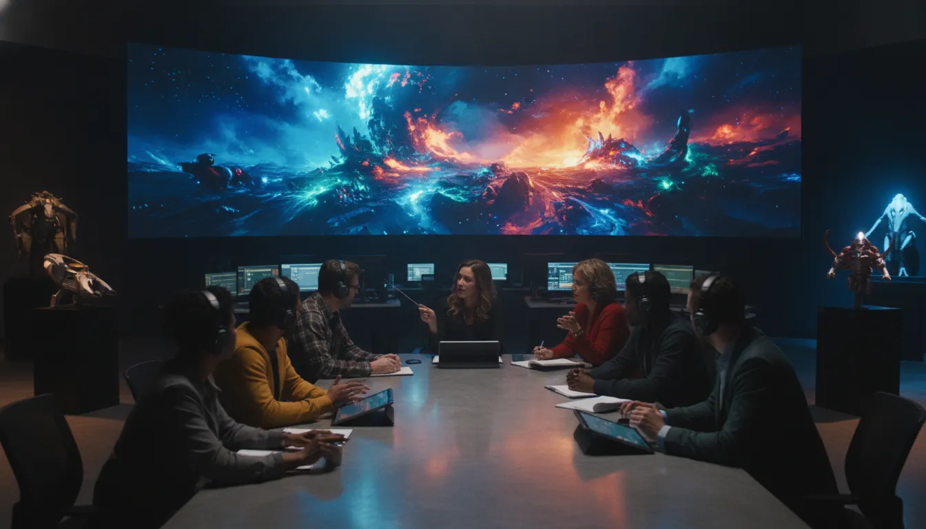Game content production services team collaborating in a cinematic game studio