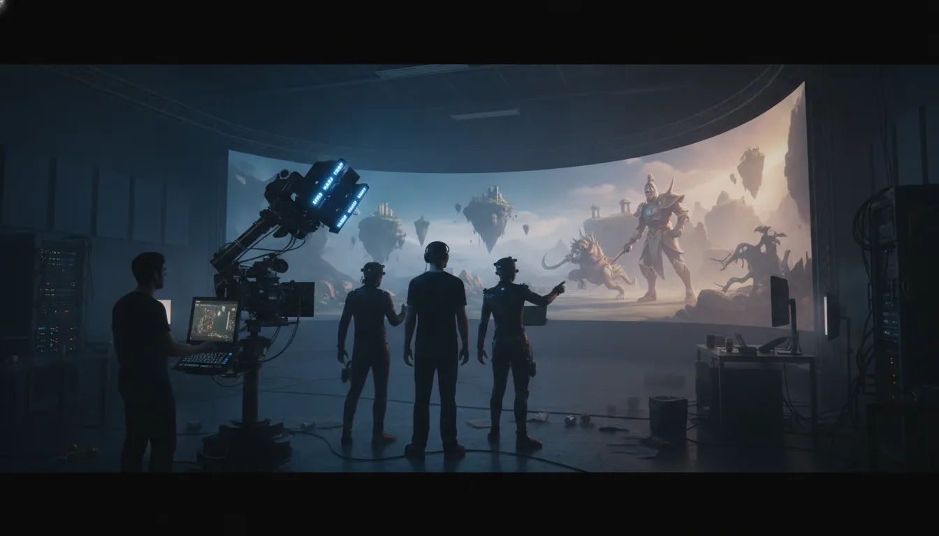 Game cinematic production team shaping a connected digital world
