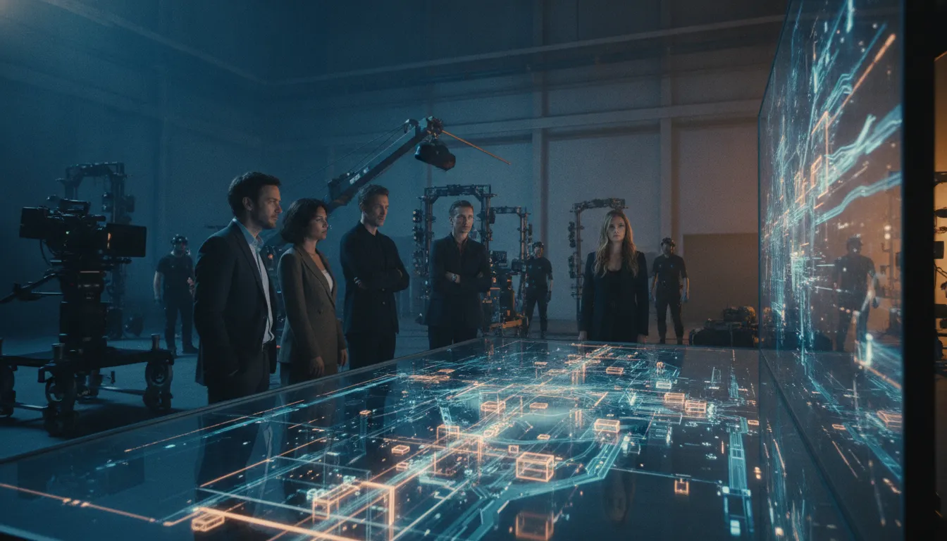 Cinematic trailer production company team planning an entertainment world