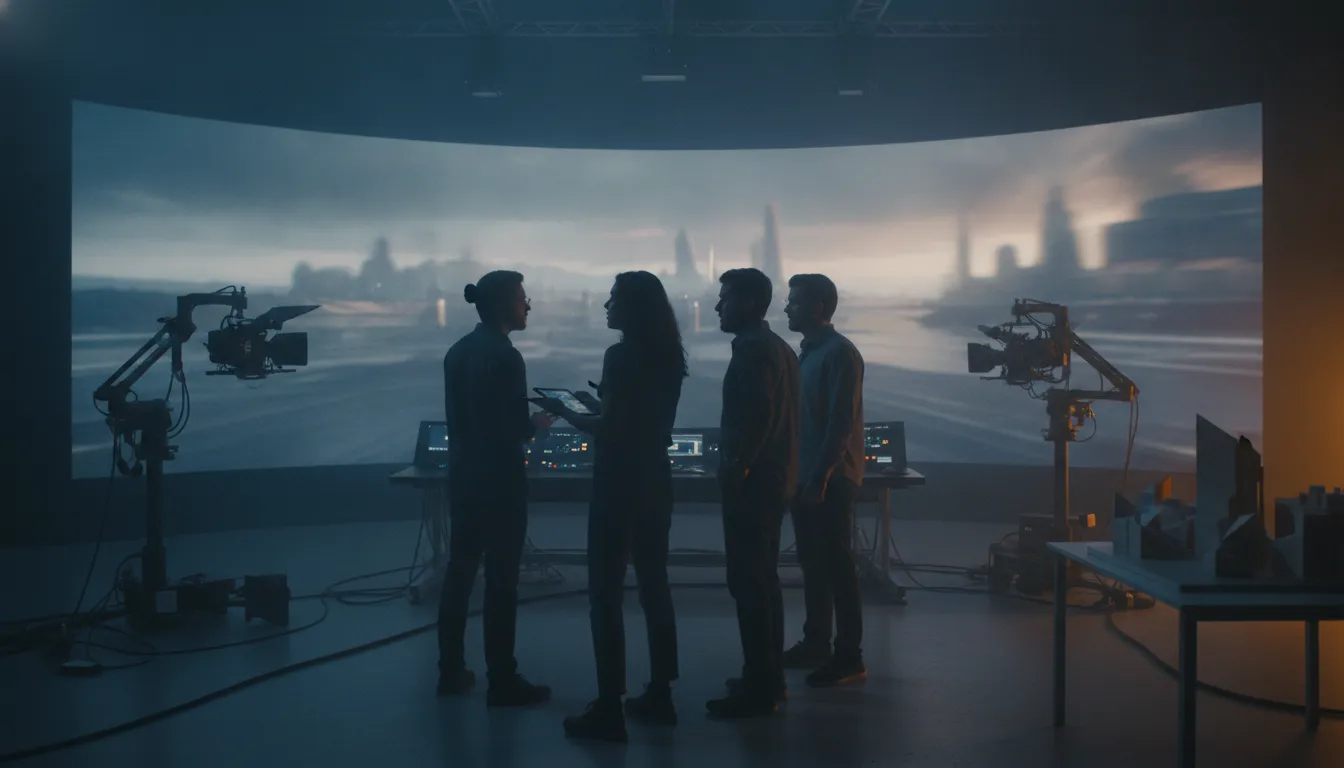Trailer previs team planning cinematic shots in a virtual production environment