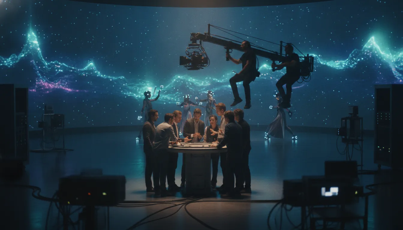 Game cinematic studio and publisher teams collaborating on a virtual production stage