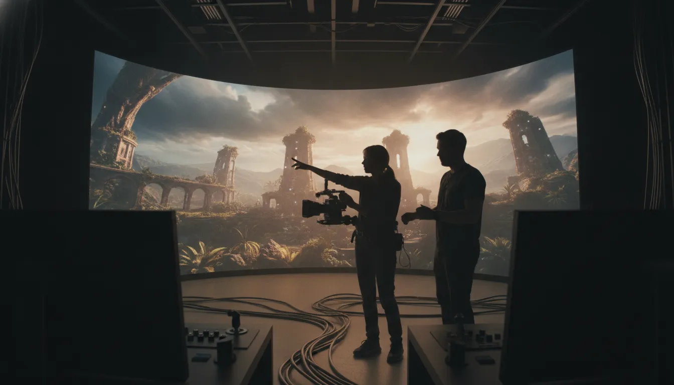 Real time cinematics production team reviewing a digital entertainment world