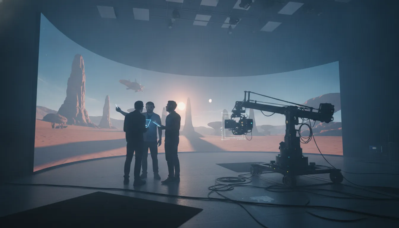 Artists reviewing a real time cinematics pipeline in a virtual production studio