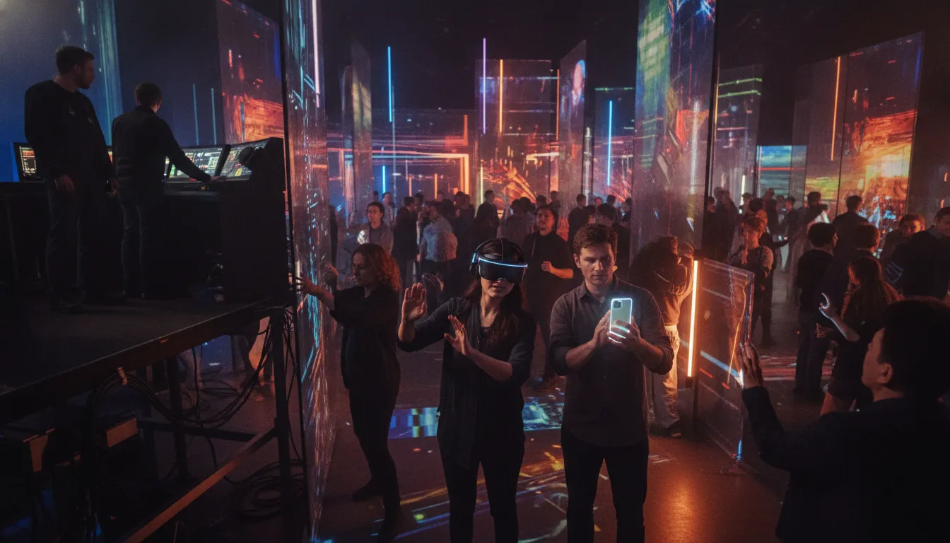 Audience using headset and mobile interactions inside a connected extended reality entertainment venue