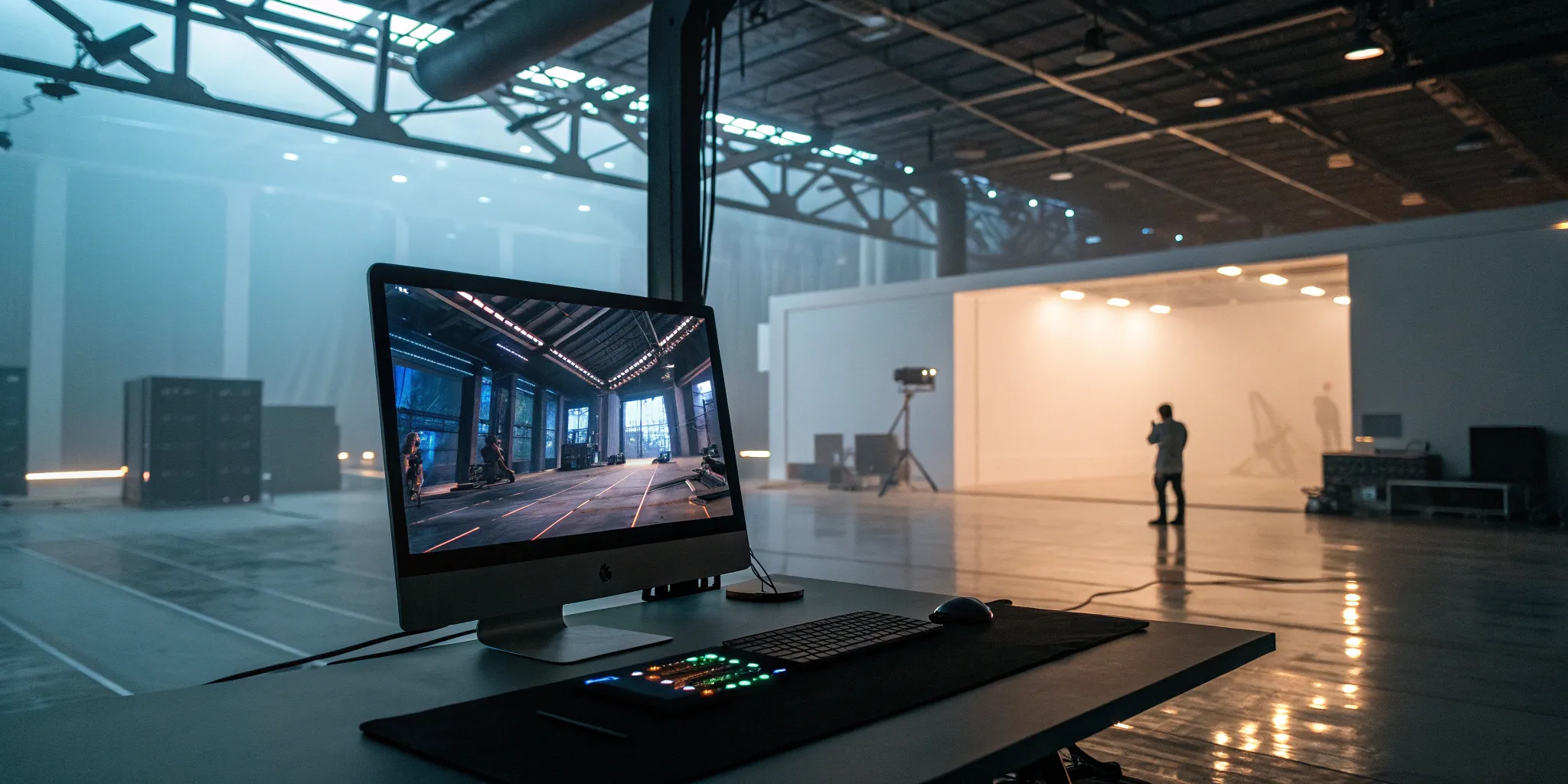 A modern studio used by virtual production companies, featuring a crew and a large LED wall.