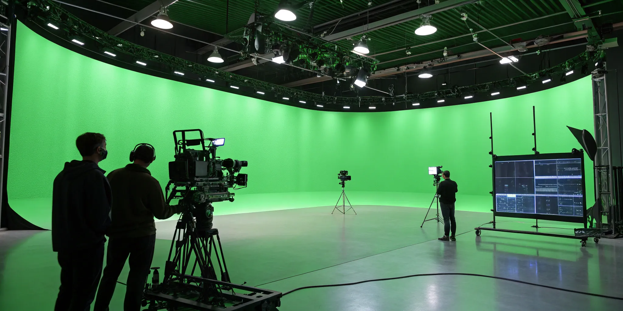 A film crew operates cameras in a virtual production studio surrounded by large LED screens.