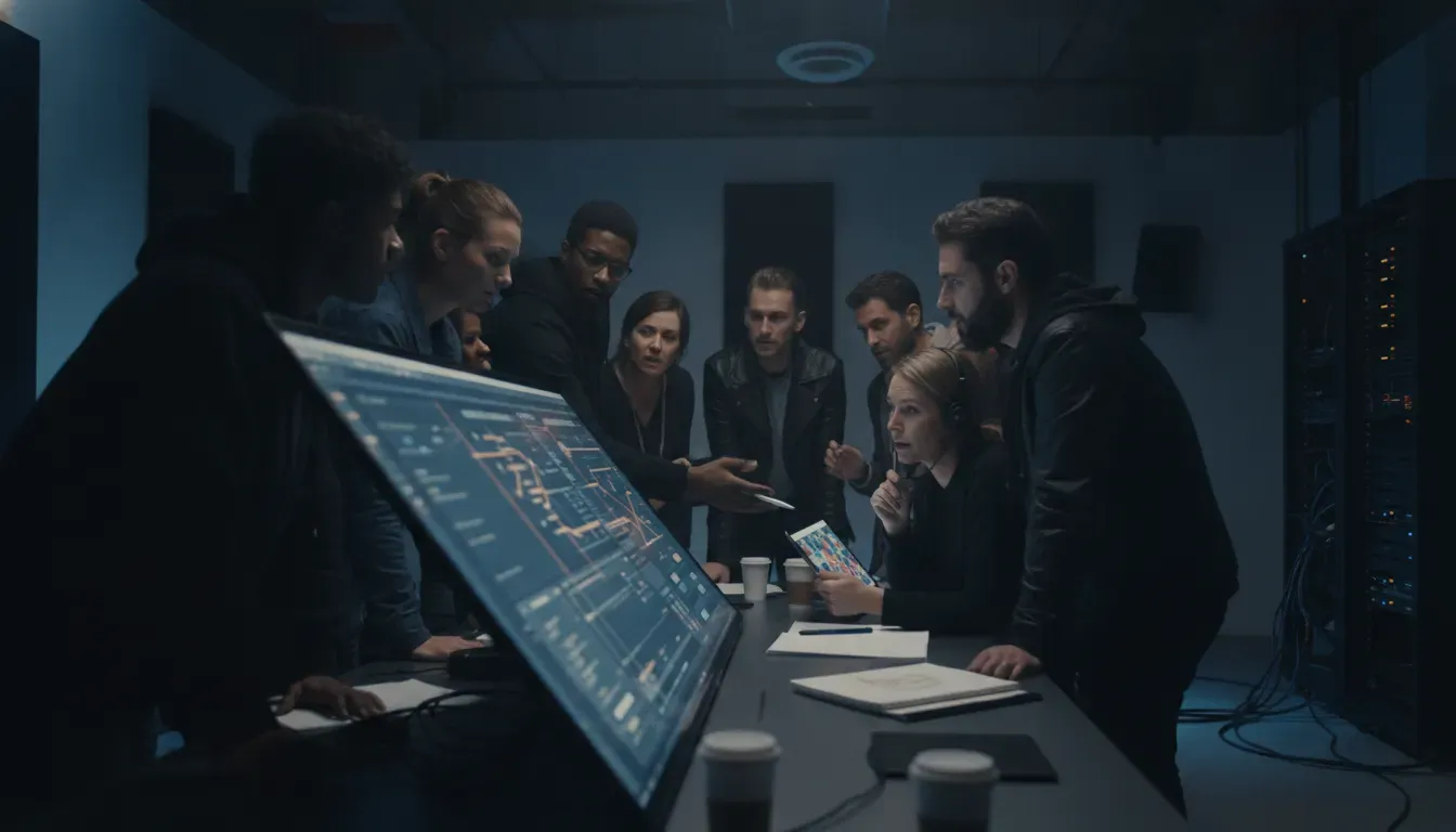 Creative production partner team reviewing cross-platform delivery workflows