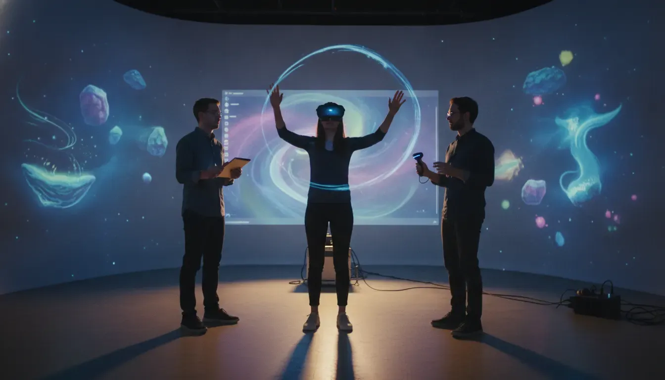 Creative team designing an immersive VR story world with interactive environments