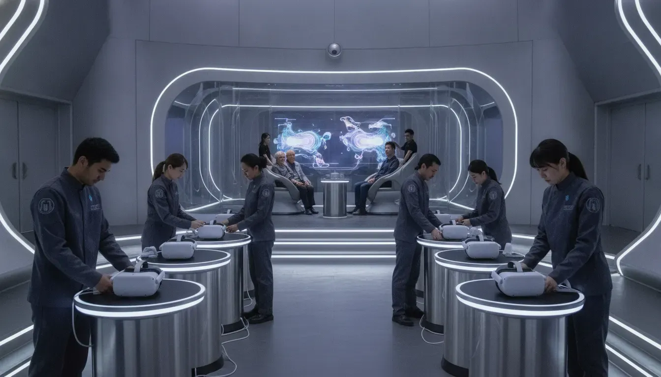 Creative and technical team reviewing an immersive VR experience for ongoing content operations