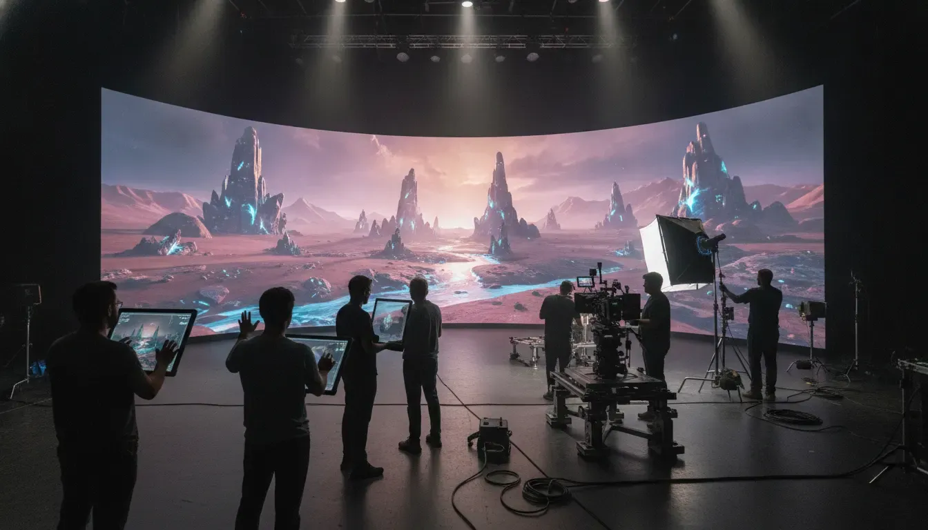 Game and film production teams collaborating on virtual production for a games to film adaptation strategy