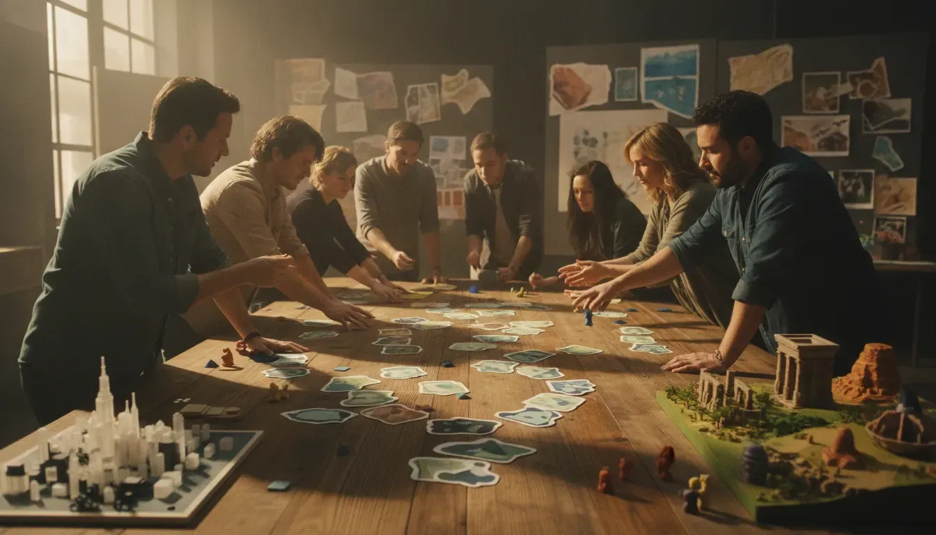 Creative team mapping a game world and narrative spine for a games to film adaptation strategy